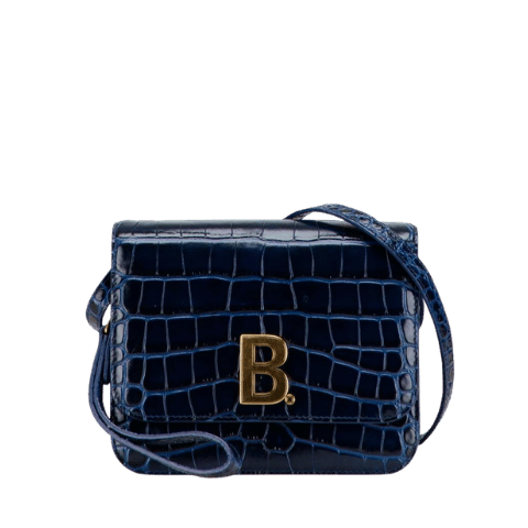 Balenciaga B Logo Crocodile Embossed Shoulder Bag 592898 Navy Leather Womens [Used]
