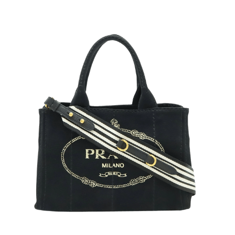 Pre-owned Prada Canapa Tote Bag, 2-Way Shoulder/Crossbody Bag, Striped Canvas, Nero Black with Gold Hardware, 1BG439