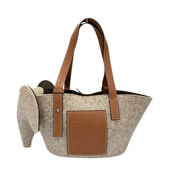 Very Good Condition ▼ LOEWE Felt Leather Elephant Basket Anagram Logo Handbag Gray Brown Made in Spain Women's [Used]