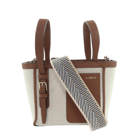 Valextra WBSF0086733 canvas and leather micro bucket bag, 2-way handbag/shoulder bag, beige and brown, includes dust bag, made in Italy, pre-owned