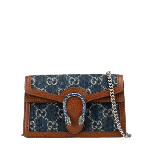 GUCCI GG Denim Dionysus Super Mini Bag Crossbody Chain Shoulder Bag 476432 Indigo Blue Brown Denim Leather Womens [Used]