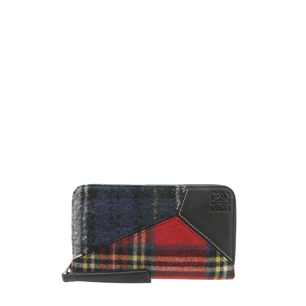 New-like LOEWE Puzzle Tartan Check Round Zipper Wool Leather Multicolor Long Wallet 1033 [Used]