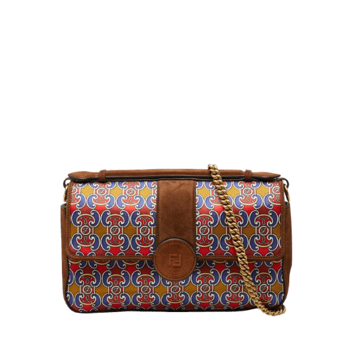 FENDI Double F Handbag Chain Shoulder Bag 2WAY 8BT297 Brown Multicolor Suede Satin Womens [Used]