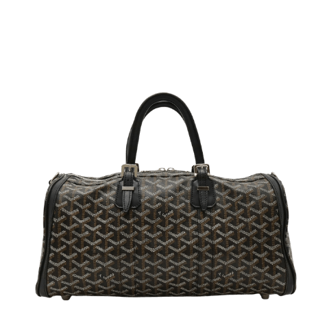 Pre-owned GOYARD Croisjour 40 handbag/mini Boston bag in herringbone pattern made of black and brown PVC with silver hardware.
