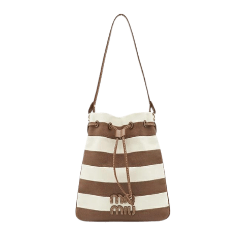 Miu Miu Handbag Drawstring Pouch Canvas Leather Cacao x Natural Gold Hardware Stripe Logo 5ND016 [Dust Bag] [Used]
