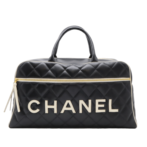 Pre-owned CHANEL Matelasse Logo Bowling Bag, Boston Bag, Travel Bag, Leather, Black, White