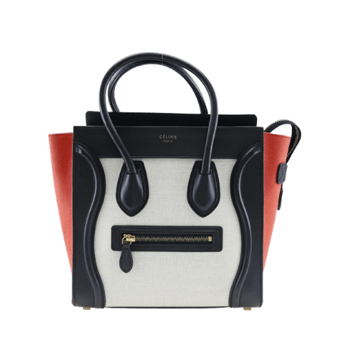 Celine Luggage Handbag, Micro Shopper, Tricolor, 167792, Calfskin and Canvas, Made in Italy, Black, A5 Size, Zipper, Pre-owned, A-Rank