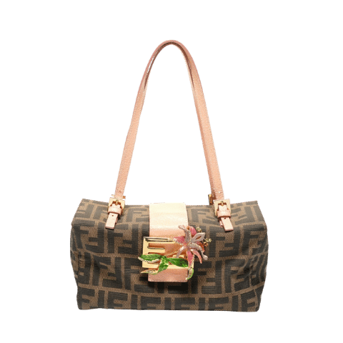 FENDI Zucca Canvas Flower Motif Handbag Brown WS27389 [Used]