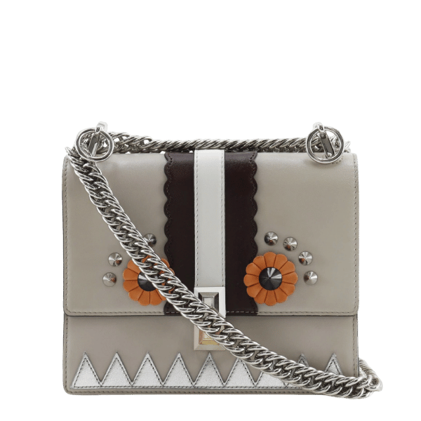 FENDI Mini Kan I Shoulder Bag Studs 8M0381-9JU Calf Leather Made in Italy Beige Crossbody Shoulder Flap Used A-Rank