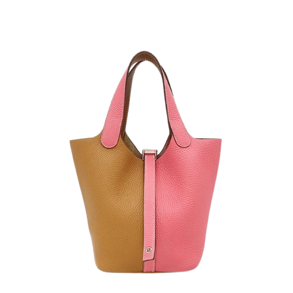 Pre-owned Hermès Picotin Lock PM handbag in Cazac Taurillon Clemence leather, Sesame and Rose Azalee finish, two-tone silver hardware, one key missing, Y stamp.