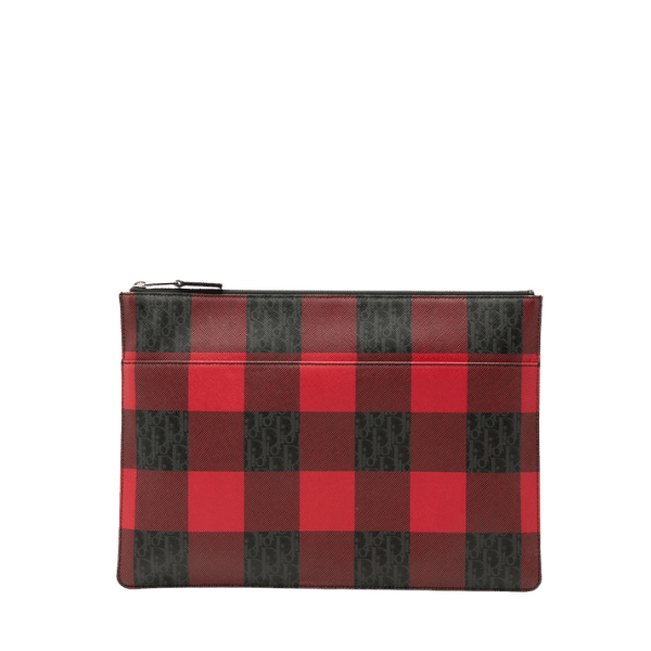 Dior Homme Trotter Check Clutch Bag Red Black Gray PVC Leather Mens [Used]
