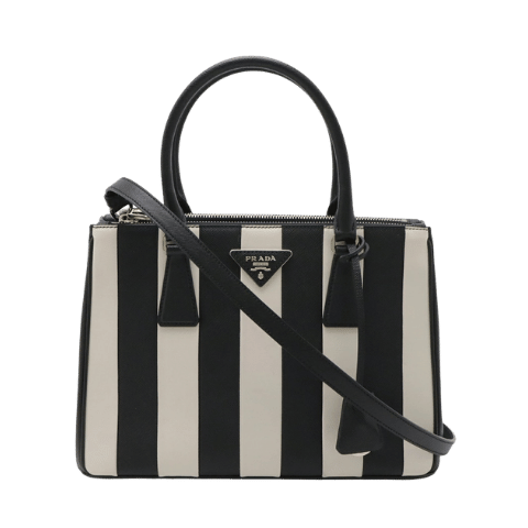 PRADA Galleria Stripe Triangle Handbag Saffiano Leather NERO Black White Boutique Purchase 1BA863 [Used]