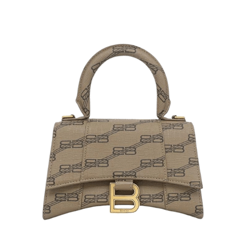 BALENCIAGA 2-Way Bag Hourglass Handbag XS PVC Coated Canvas Brown Gold Hardware Shoulder 593546 [Used]
