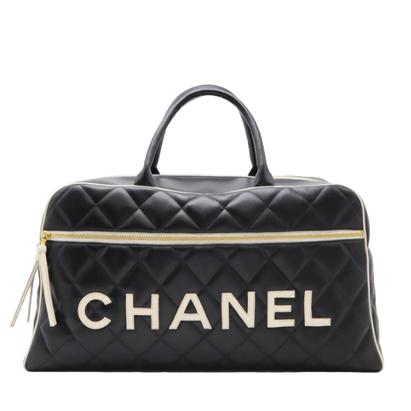 Pre-owned CHANEL Matelasse Logo Bowling Bag, Boston Bag, Travel Bag, Leather, Black, White