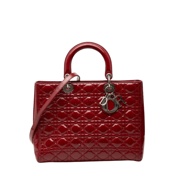 Dior Cannage Lady Dior Large Handbag Shoulder Bag 2WAY Red Enamel Womens [Used]
