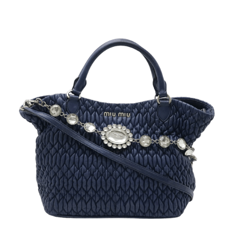 Miu Miu Matelassé Nappa Crystal Bijou Gathered Handbag 2-Way Shoulder Bag Leather Blue [Used]