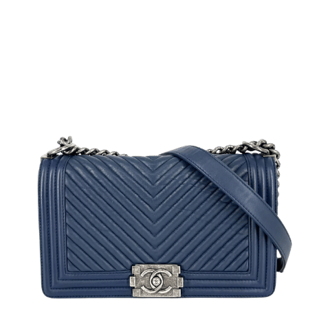 Chanel Shoulder Bag Womens Coco Mark Boy Chanel Chain Chevron Shoulder Crossbody CHANEL Leather Navy Blue Silver Hardware [Used Item]