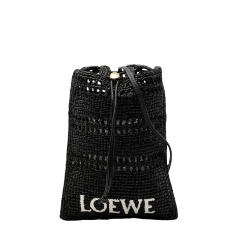 Loewe Logo Shoulder Bag, Drawstring, Black Raffia, Womens, LOEWE [Pre-owned]