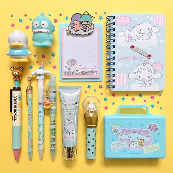 Cinnamoroll character themed stationary goods on a yellow background
