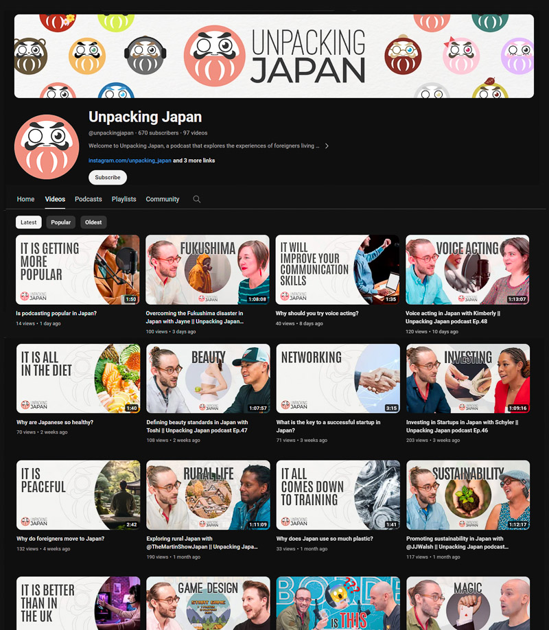 Screen capture of the Unpacking Japan Youtube channel page with the most popular videos listed