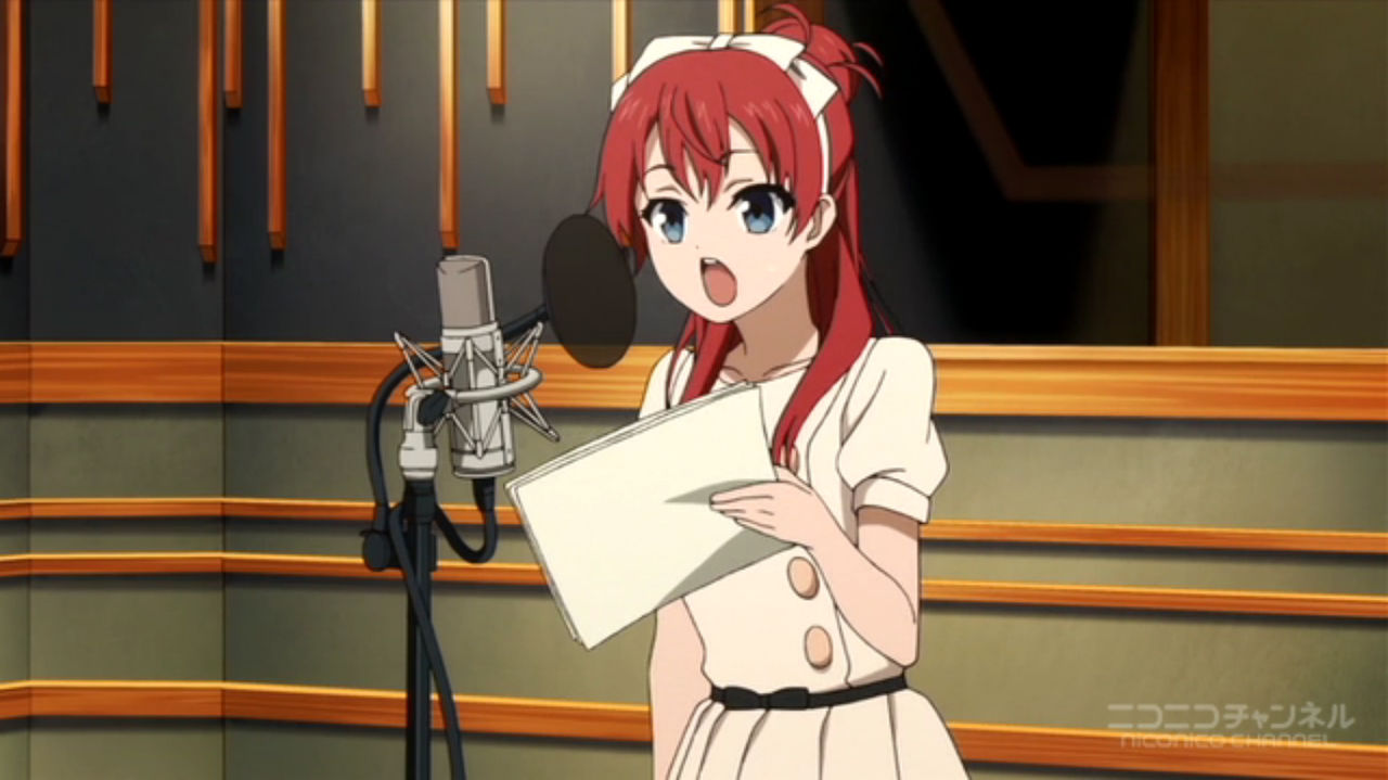 Anime character acting as a voice actor inside a professional studio