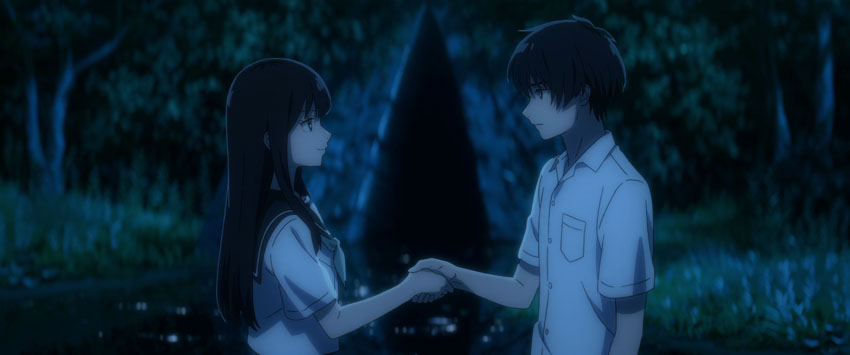 Anzu and Kaoru facing each other holding hands in front of the tunnel opening at night.