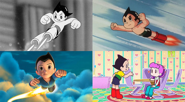 Four generations of Astro Boy, from the early monochrome series in the 1960s to today's CG animated version.