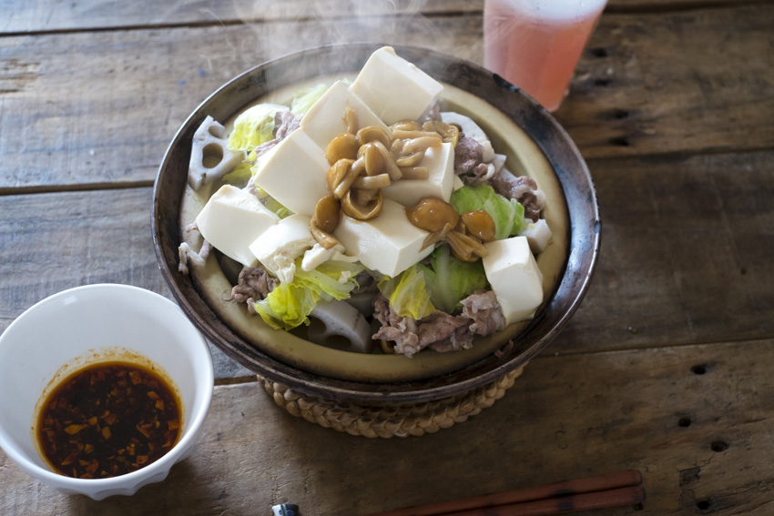 Close up of a nabe pot on a dinner table