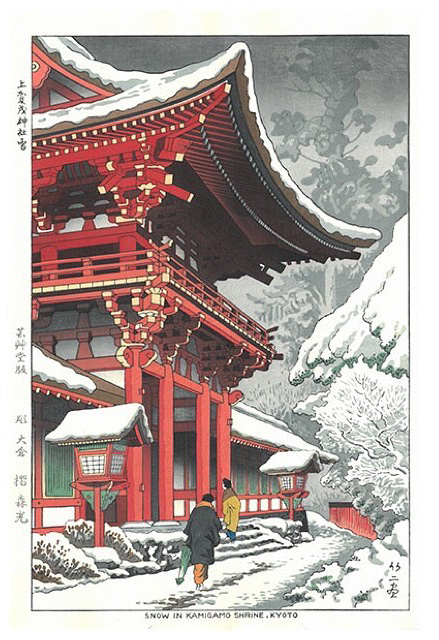 Woodblock print depicting Kamigamo shrine covered in snow