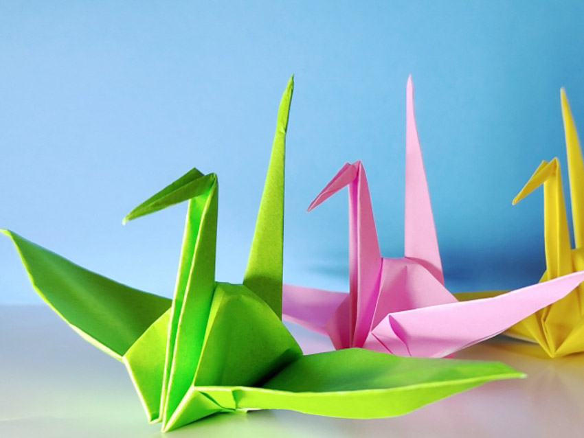 Close up of three origami cranes lined up on a table