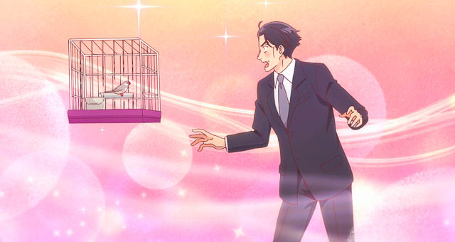 Sasaki in a suit with his arms out and a surprised look on his face talking to Peeps sitting in a birdcage.