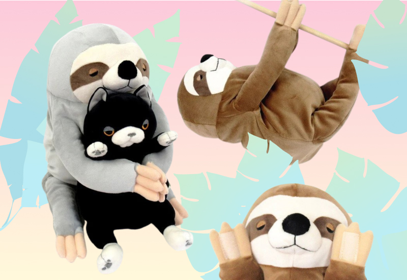 Shinada Global gray and brown sloth plushies with angles and Japanese pointing out special points