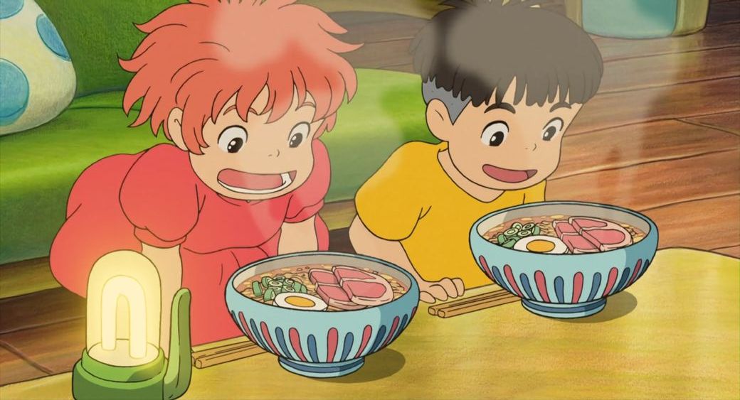 Scene of a animation movie made by Studio Ghibli where two young children sitting by a table with two warm bowls of ramen in front of them