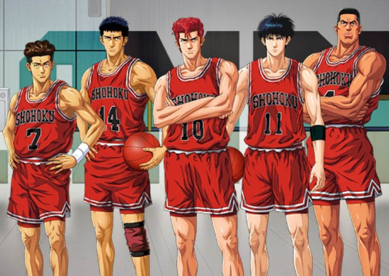 The starter players of the Shohoku basketball team.