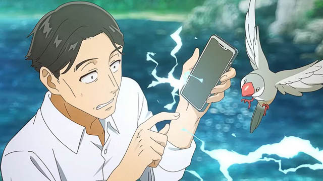 Sasaki holding a smartphone with sparks around it while Peeps is in the air in front of him.
