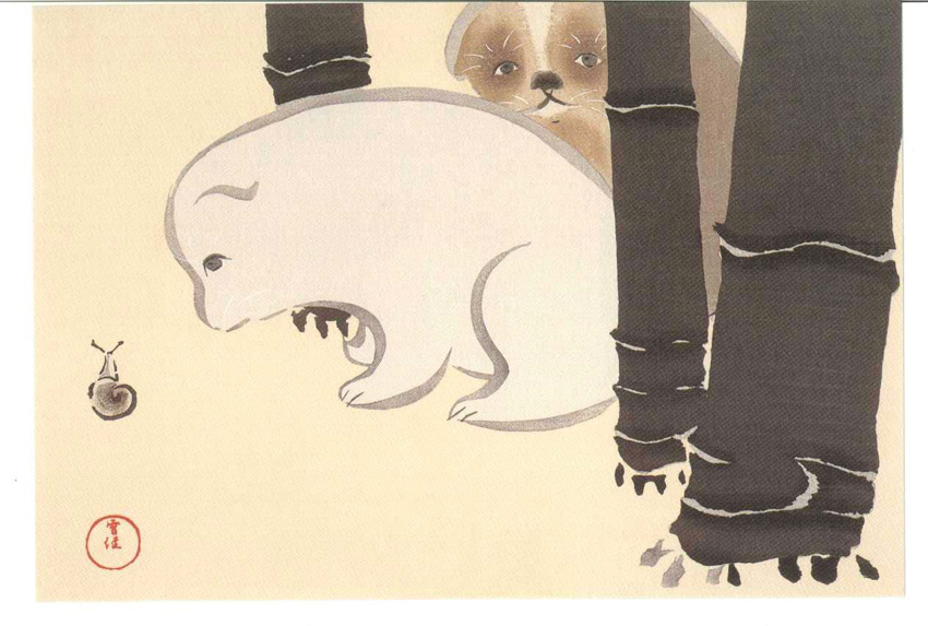 Woodblock print from Unsodo depicting two animals and a snail next to three bamboo trees