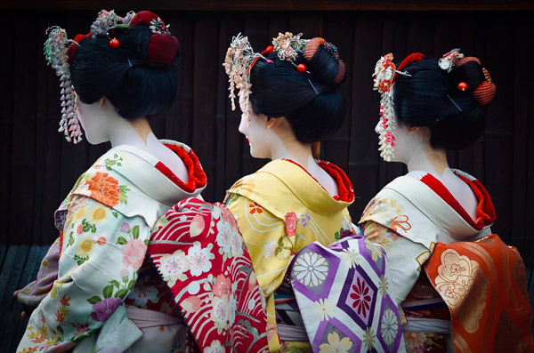 Three Maiko in their colorful dresses seen from behind