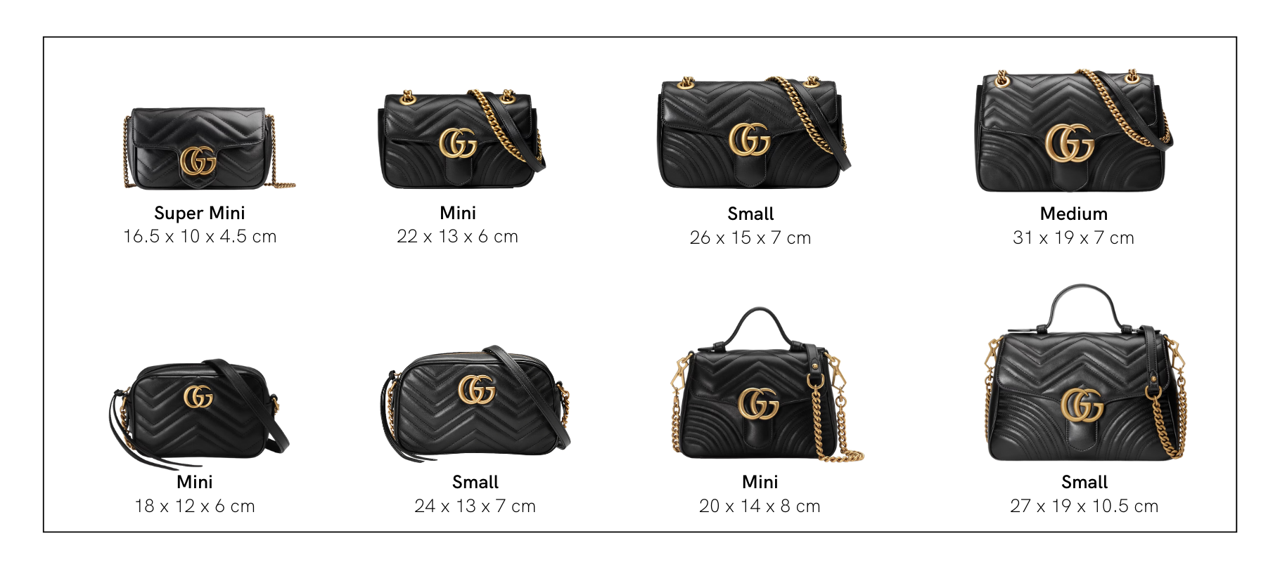 Gucci Marmont bags size references for 3 different models