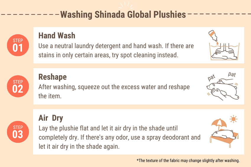 Orange chart with images on the 3 steps for washing Shinada Global plushies