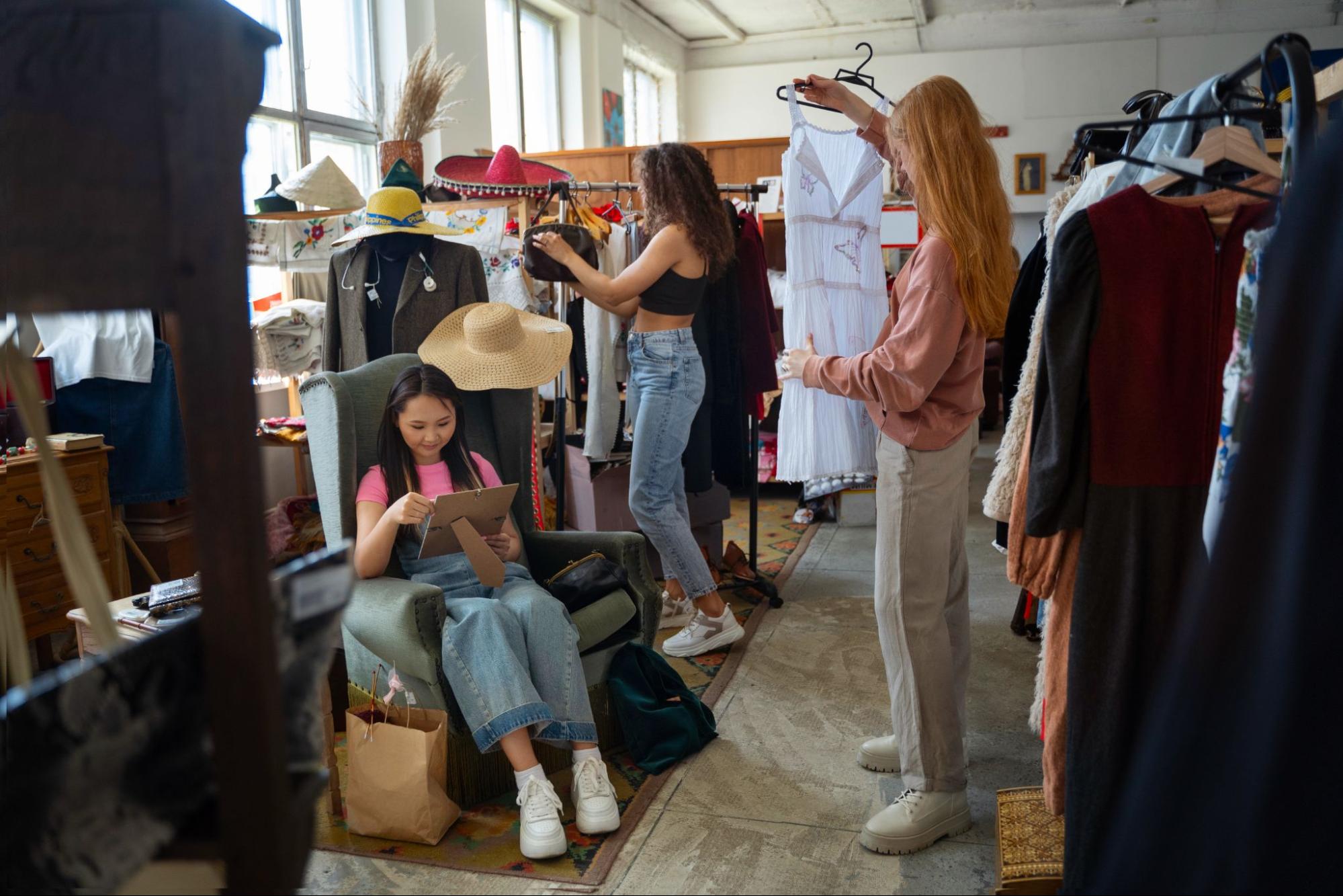 3 people checking out items at a thrift store