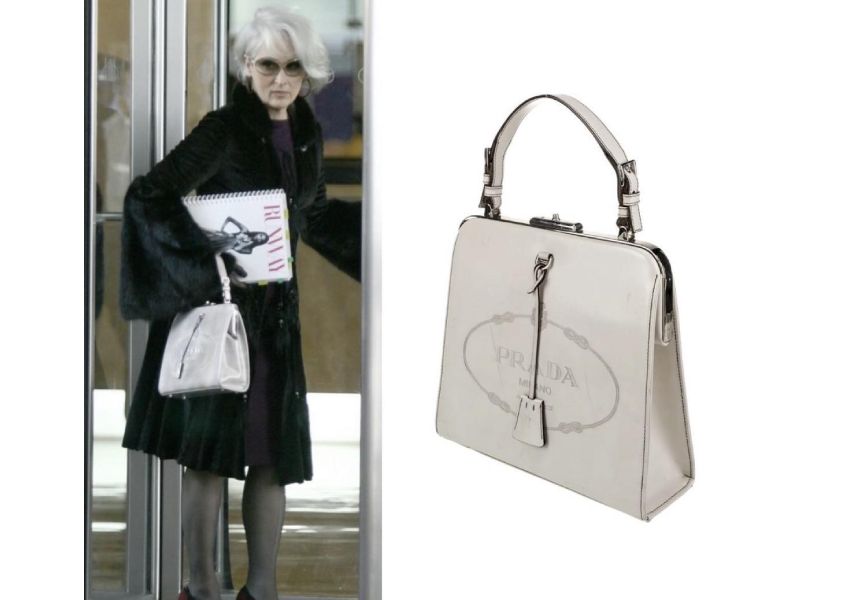 The Prada Quarzo Spazzolato Bag from 2005, featuring a glossy brushed finish and minimal structured silhouette as seen in The Devil Wears Prada