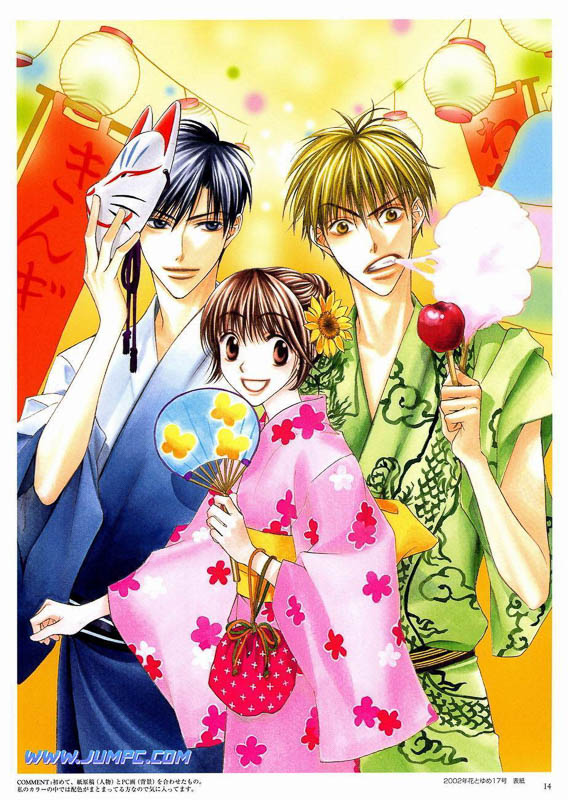 The main trio dressed in yukata attending a summer festival