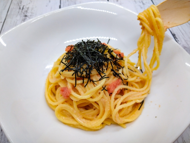 Close up of a dish of mentaiko pasta