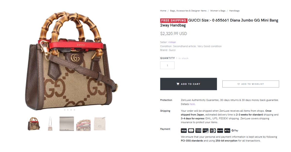 Gucci Mini Diana Bag on zenluxe website