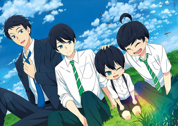 Hayato in a suit and necktie,  Mikoto and Gakuto in school uniforms and Minato in kindergarten uniform sitting in a grass field.