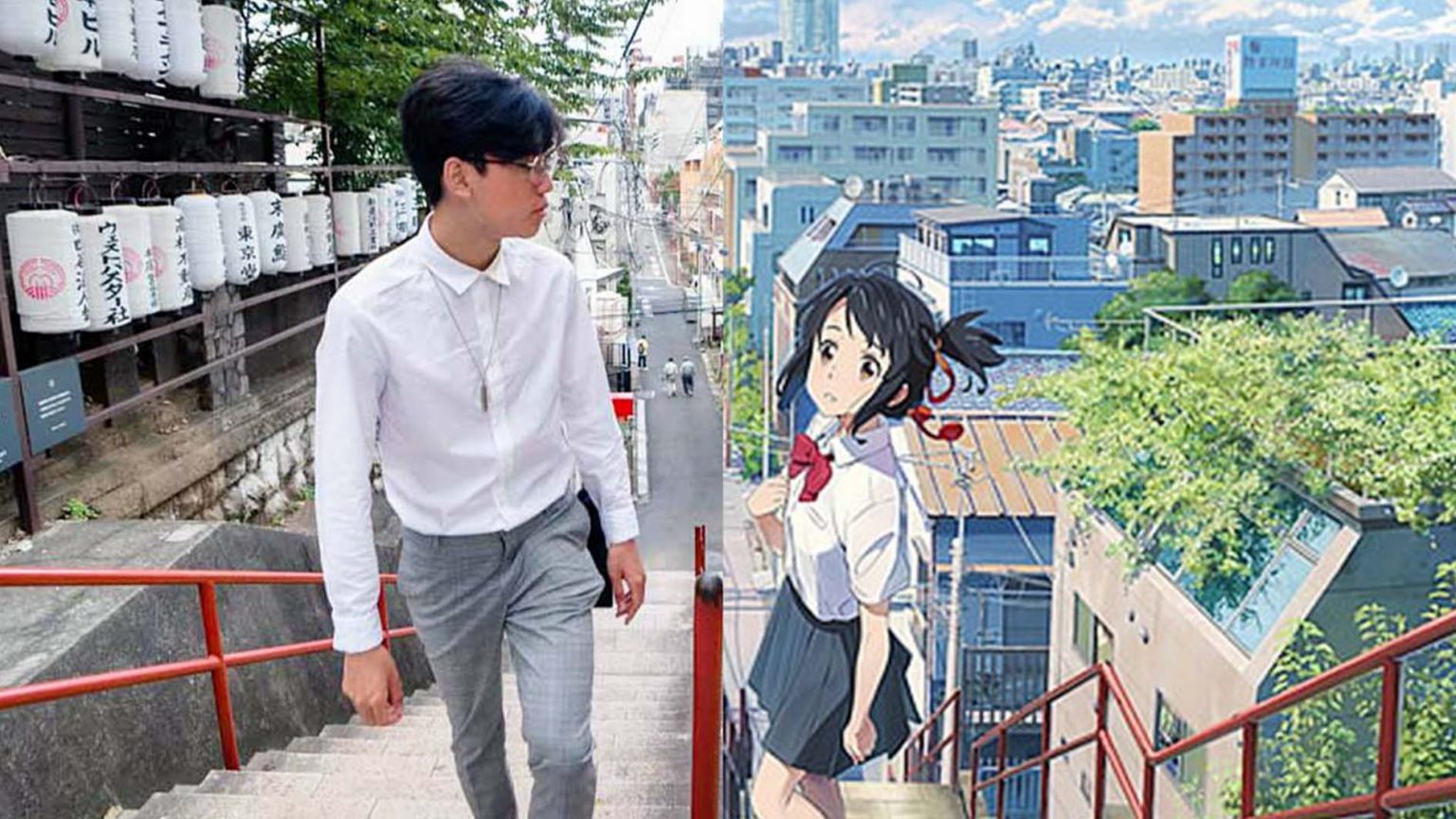 A person standing near the same stairs as the one showed in the movie Your Name, trying to mimic 