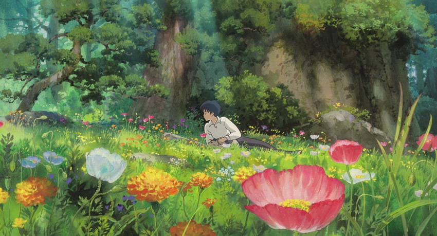 Scene from The Secret World of Arrietty (2010) by Studio Ghilbli. The scene is from a poppy flower filled grass field with a beautiful forest in the background.