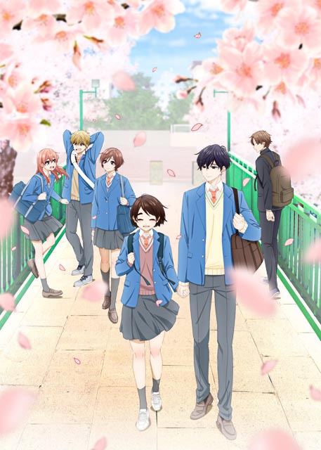 Hotaru and Hananoi walking hand in hand over a bridge with cherry trees blooming and cherry blossom petals falling.