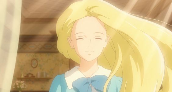 Scene of a animation movie made by Studio Ghibli where a girl with bright blonde hair is standing near the window with the sun shinning on her face