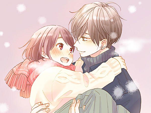 Close up of Hananoi carrying Hotaru in his arms while the snow is falling.